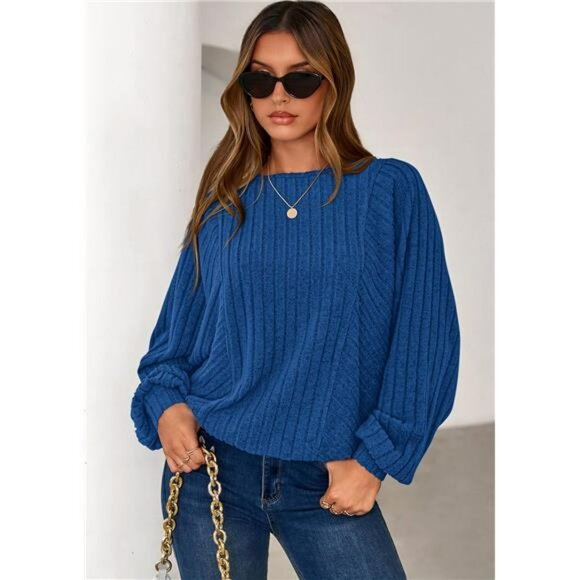 Womens Batwing Long Sleeve Tunic Top Fall Casual Lightweight Knit Sweater - Picture 2 of 7